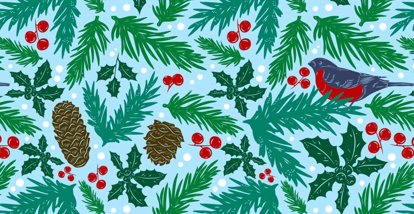 illustration of pine needles, pine cones, a bird, and snow